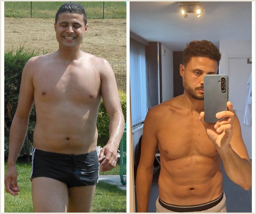Voor en na Body Reset, man in zwembroek en spiegelselfie