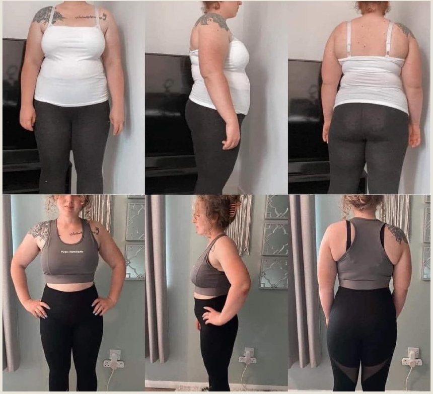 Voor en na Body Reset, vrouw van voren, opzij en achteren