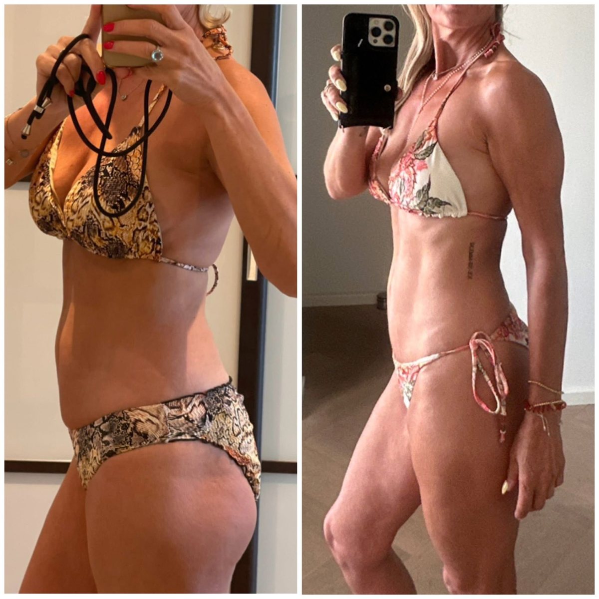 Ilse voor en na, spiegelfoto in bikini