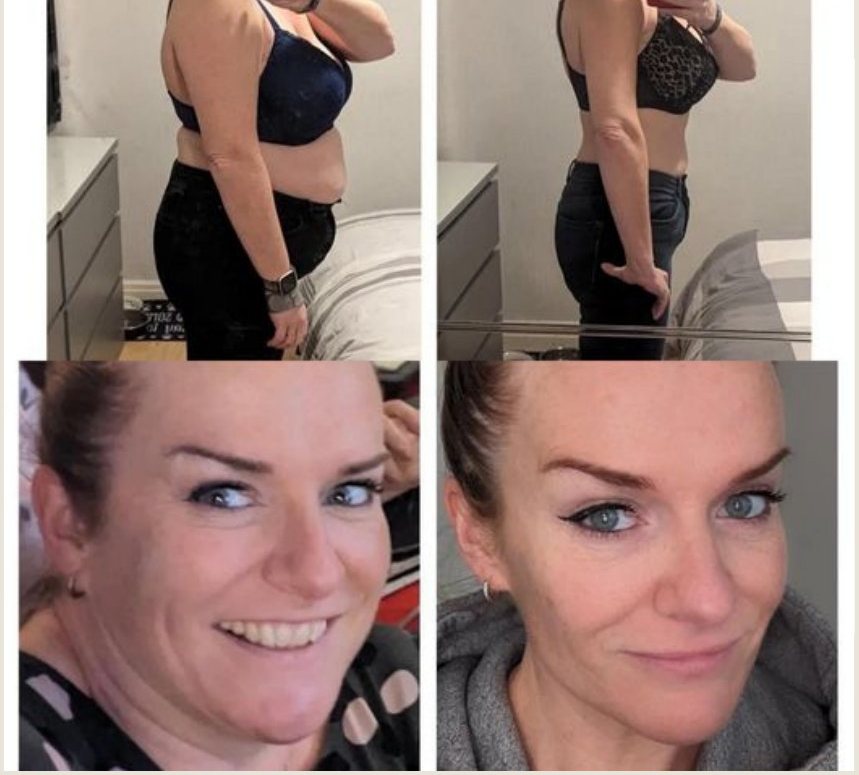 Voor en na Body Reset, lichaam en gezicht van een vrouw