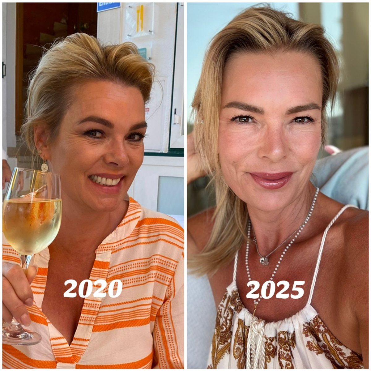 Ilse in 2020 (links) en in 2025 (rechts), lachend