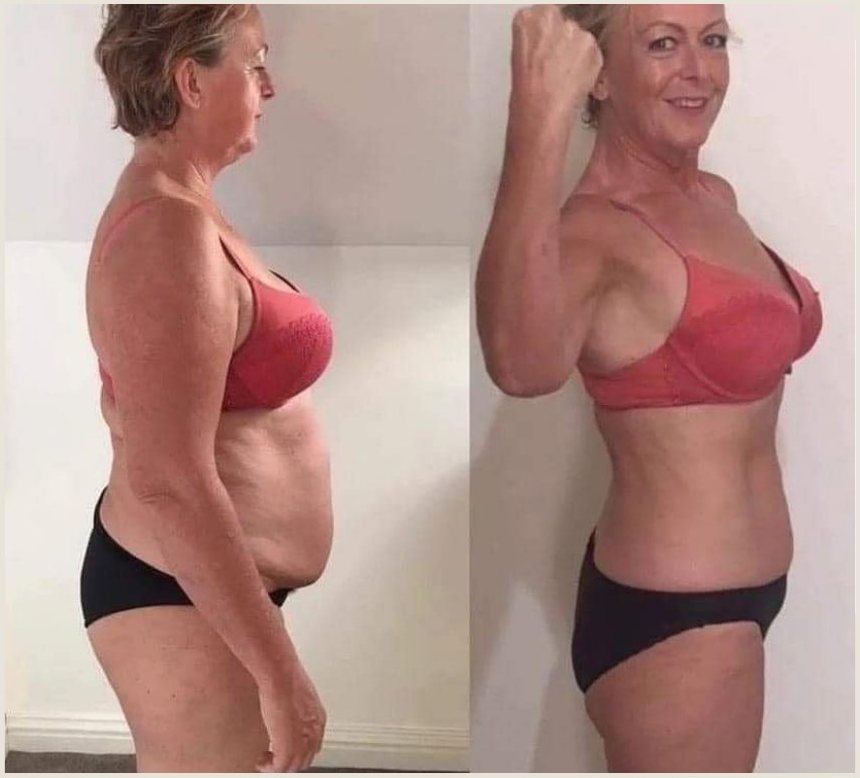 Voor en na Body Reset, vrouw van opzij in rode lingerie