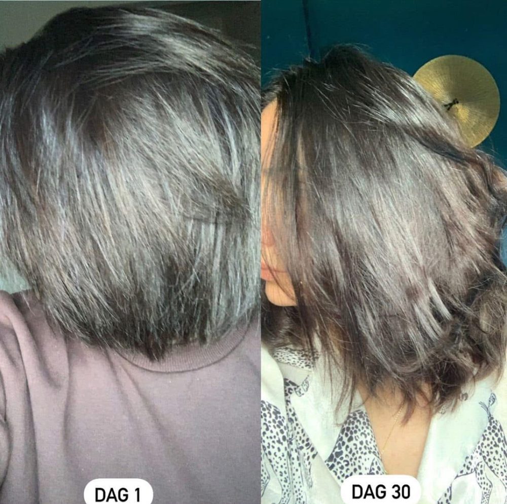 Voor en na Collagen Elixir™, haar van een vrouw op dag 1 en dag 30
